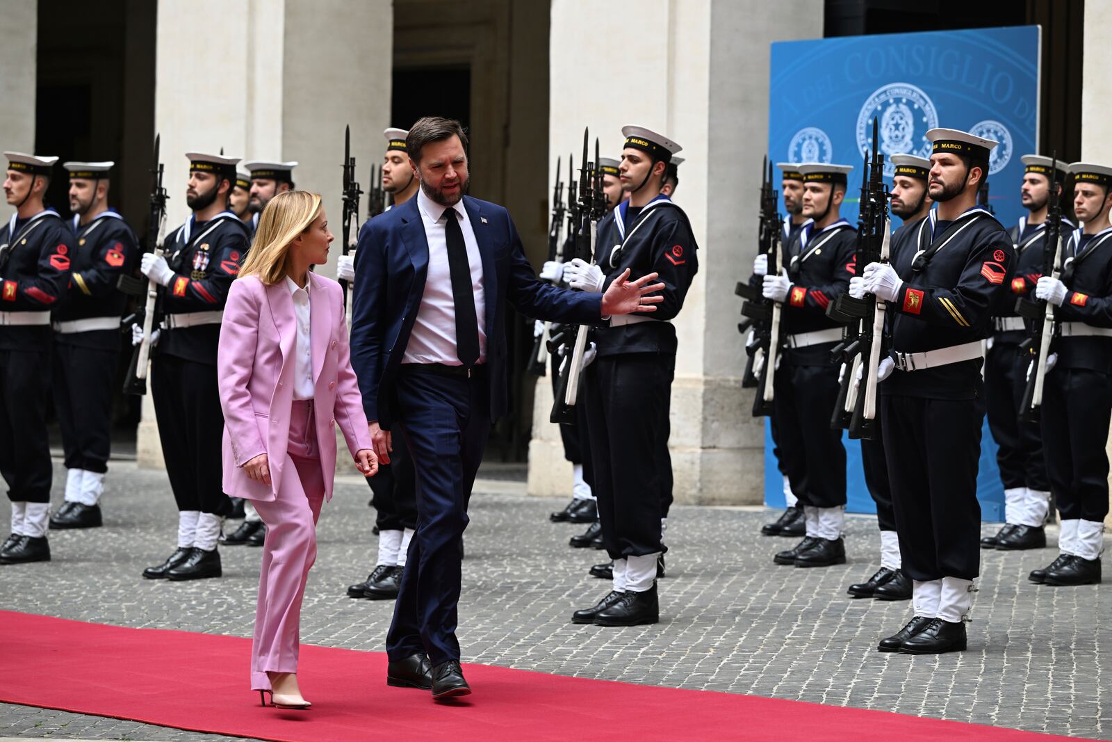 U.S. Vice President JD Vance meets with Italian Prime Minister Giorgia Meloni at Chigi Palace in Rome, Italy, Friday April 18, 2025. (Kenny Holston/The New York Times via AP, Pool)