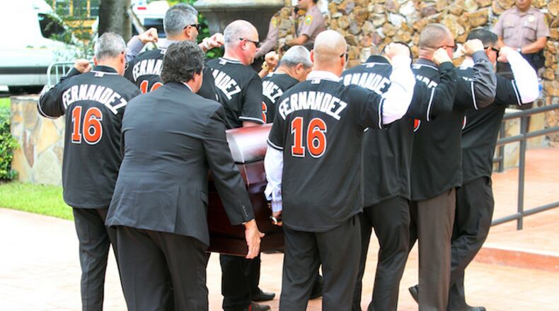 Family and friends carry the casket of Miami Marlins pitcher Jose Fernandez before a memorial service at St. Brendan Catholic Church in Miami, Fla. on Thursday, Sept. 29, 2016. (Roberto Koltun/El Nuevo Herald/TNS)