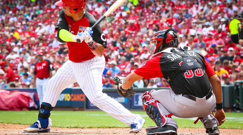 Chicago Cubs catching prospect Kyle Schwarber, of Middletown, bats for the United States team during the All-Star Futures Game held at Great American Ballpark, Sunday, July 12, 2015.