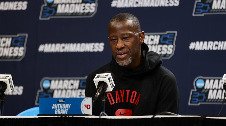 Dayton's Anthony Grant speaks at a press conference on Friday, March 22, 2024, at the Delta Center in Salt Lake City, Utah. David Jablonski/Staff