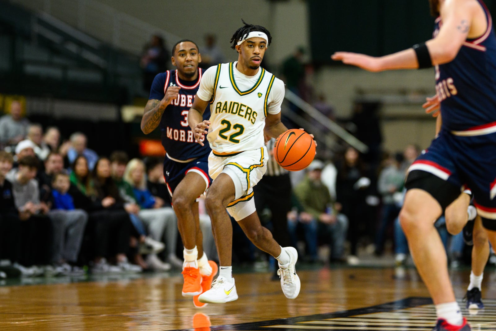 Wright State University sophomore TJ Burch dribbles up the floor during their game against Robert Morris University on Sunday, Feb. 22, 2026 at the Nutter Center. The Colonials beat the Raiders 81-68. JEREMY MILLER / CONTRIBUTED PHOTO
