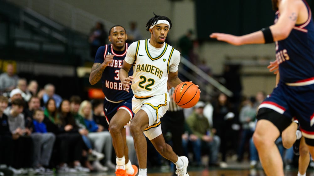 Wright State University sophomore TJ Burch dribbles up the floor during their game against Robert Morris University on Sunday, Feb. 22, 2026 at the Nutter Center. The Colonials beat the Raiders 81-68. JEREMY MILLER / CONTRIBUTED PHOTO