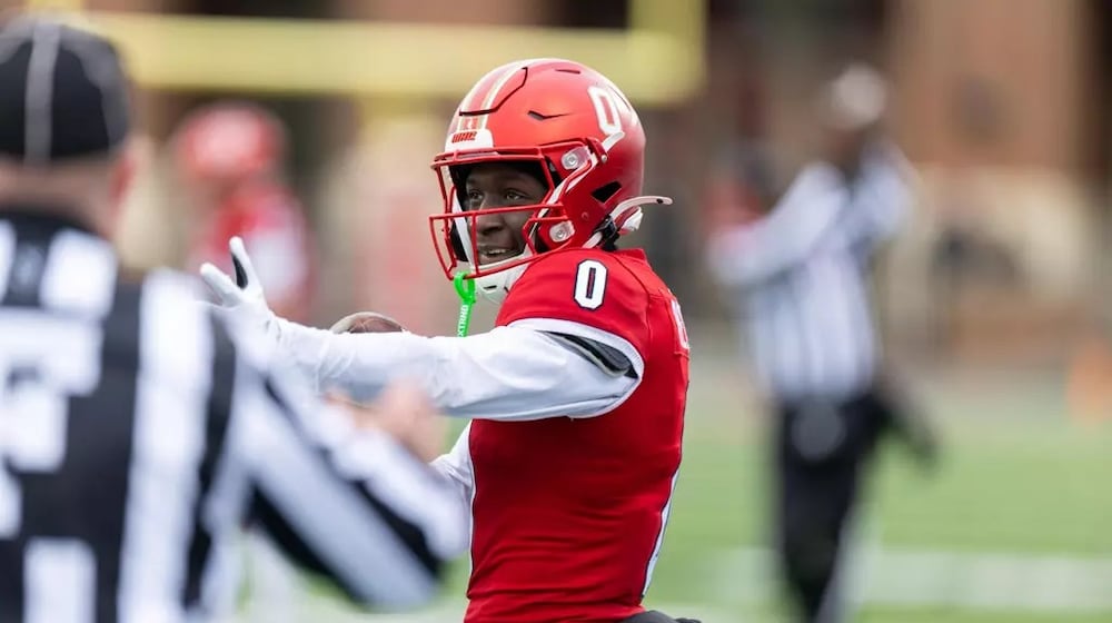 Miami’s Keith Reynolds celebrates after making a first down catch against Ball State on Saturday at Yager Stadium. JEFFREY SABO / MIAMI ATHLETICS