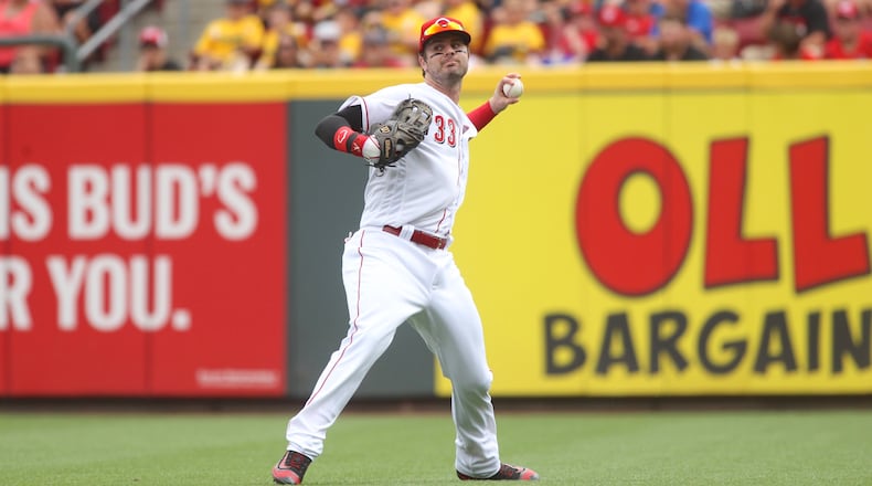 Reds right fielder Jesse Winker throws the ball back to the infield after a hit by the Nationals on Sunday, July 16, 2017, at Great American Ball Park in Cincinnati. David Jablonski/Staff