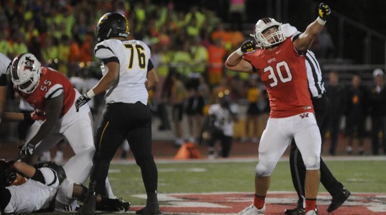 Wayne’s Alex Reigelsperger celebrates a stop. Centerville defeated host Wayne 39-22 in a Week 6 high school football game on Friday, Sept. 29, 2017. MARC PENDLETON / STAFF