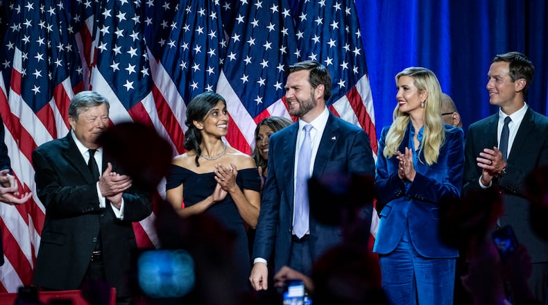 Vice President-elect JD Vance is applauded during an election night event at the Palm Beach County Convention Center in West Palm Beach, Fla., early Wednesday, Nov. 6, 2024. The most striking thing about the crowd of family and supporters that President-elect Donald Trump brought onstage with him to make his victory speech on election night was that they looked as if they were attending a cocktail party rather than a historic political gathering. (Haiyun Jiang/The New York Times)