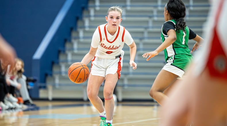 Stebbins High School senior Aubrey Fritz dribbles down the floor during their 52-42 victory over Northmont in a Division II district semifinal game on Wednesday, Feb. 25, 2026 at Fairborn's Skyhawk Arena. MICHAEL COOPER / STAFF