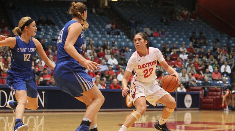 Dayton's Kelley Austria looks for a shot against Saint Louis on Feb. 22, 2017, at UD Arena.