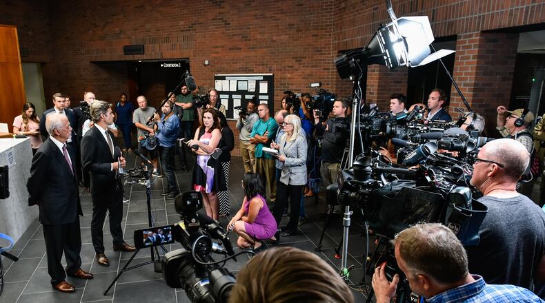 Local and national media flocked to Lebanon for the trial of Brooke “Skylar” Richardson. The trial was broadcast live all over the internet and cameras filled the courthouse entry for reaction as defense attorneys Charles H. Rittgers and Charles M. Rittgers speak to the media after the verdict was read in the courtroom of Judge Donald Oda II Thursday, Sept. 12. NICK GRAHAM/STAFF