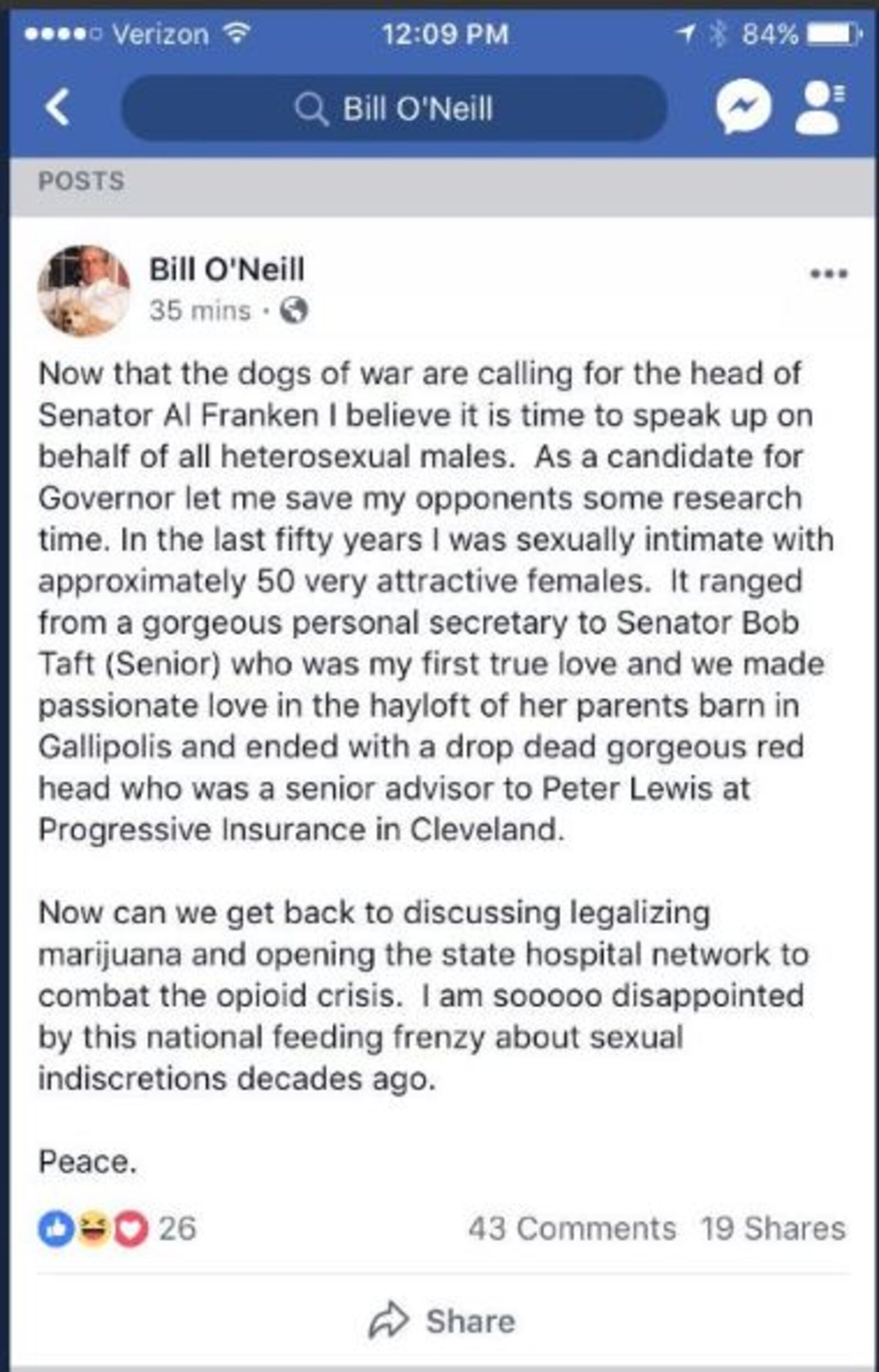 Ohio Justice Bill O'Neill makes a controversial Facebook post in response to the news surrounding Senator Al Franken. BILL O'NEILL FACEBOOK POST