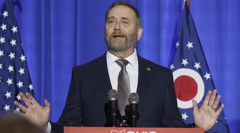 Republican Ohio Attorney General Dave Yost speaks during an election night watch party on Nov. 8, 2022, in Columbus, Ohio. In an interview with the Associated Press Wednesday, Dec. 14, Yost says he laments suffering he caused by suggesting in a nationally-televised interview that a 10-year-old rape victim from Ohio who had sought an abortion in Indiana might have been a fabrication. (AP Photo/Jay LaPrete, File)