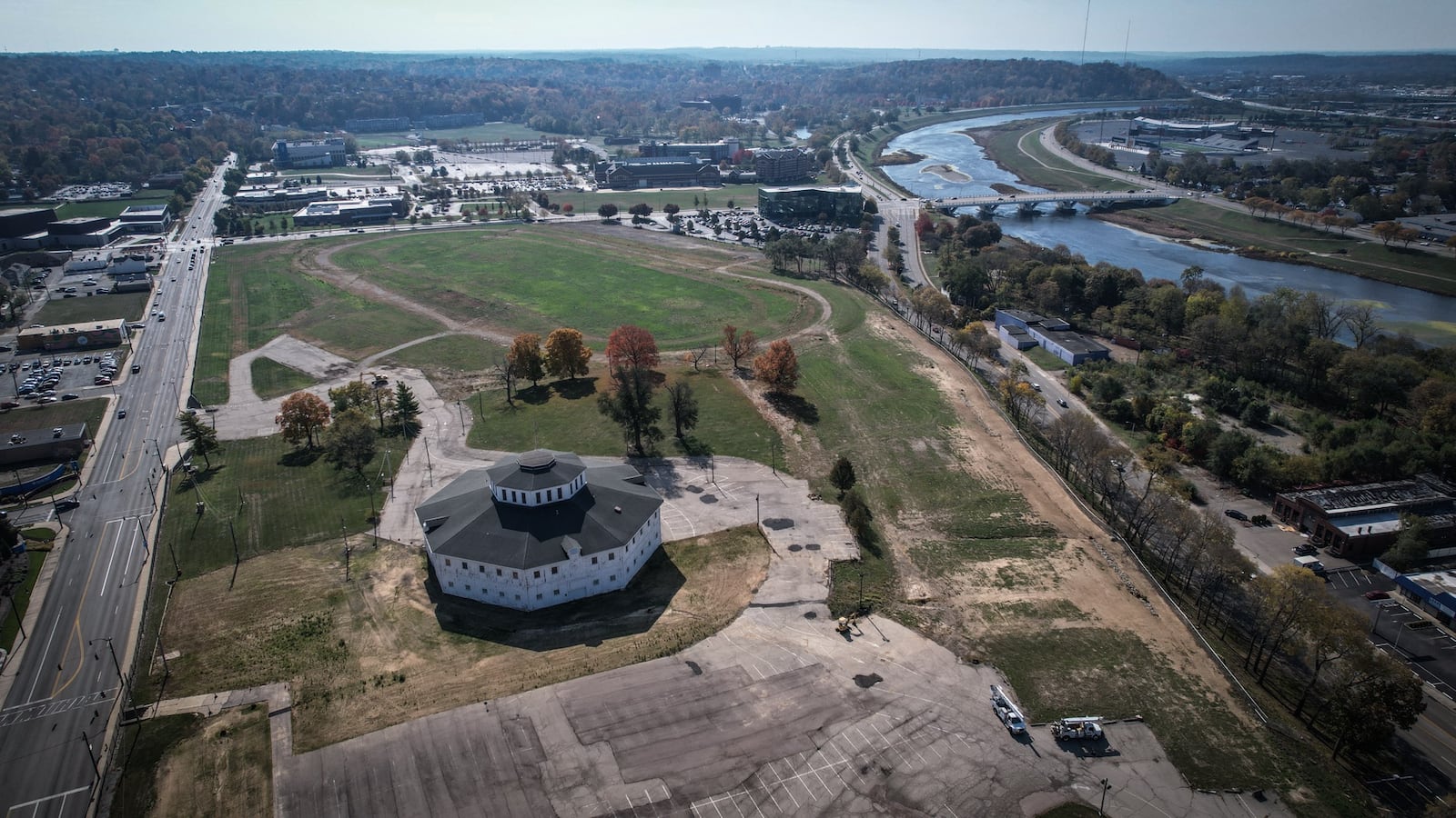 The Think Dayton office building that would jumpstart the onMain project at the former Montgomery County Fairgrounds would be at the top left of this photo, on the corner of Main and Stewart streets. Jim Noelker/Staff