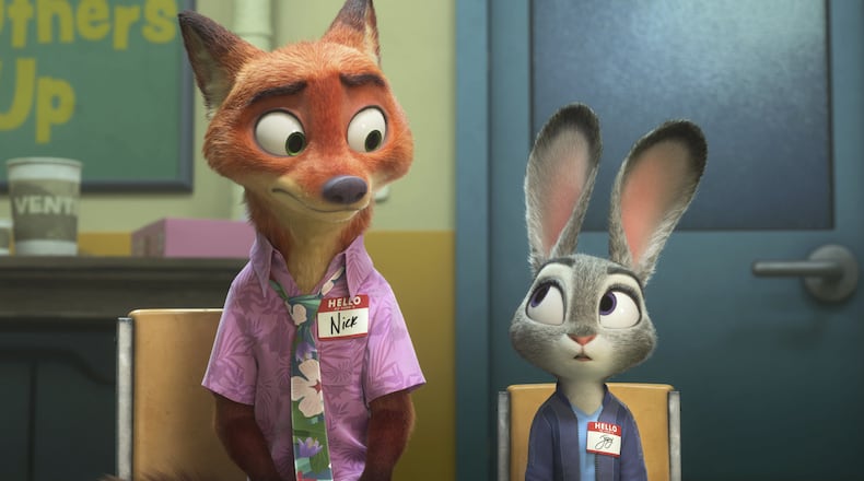 This image released by Disney shows Nick Wilde, voiced by Jason Bateman, left, and Judy Hopps, voiced by Ginnifer Goodwin, in a scene from "Zootopia 2." (Disney via AP)