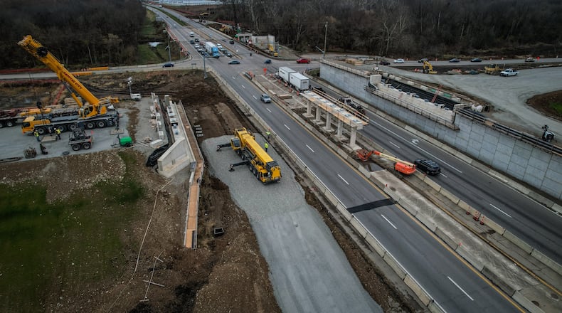 In this November 2023 file photo, construction continues on the interchange and overpass of Valley-Trebein over U.S. 35 in Greene County. JIM NOELKER/STAFF