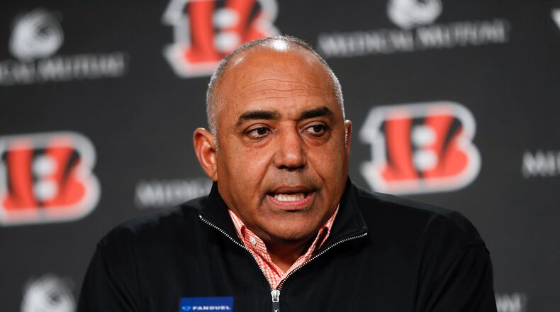 Cincinnati Bengals head coach Marvin Lewis speaks during a news conference following an announcement that he will remain in his position for an additional two seasons, Wednesday, Jan. 3, 2018, in Cincinnati. (AP Photo/John Minchillo)