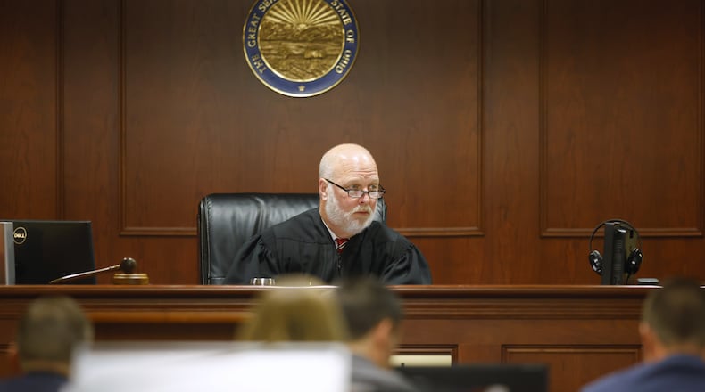 Judge Greg Howard listens to motions before the jury trial of Gurpreet Singh, charged with allegedly shooting and killing four family members in 2019 in West Chester Township, Monday, Oct. 3, 2022 in a new super courtroom in Butler County Common Pleas Court in Hamilton. NICK GRAHAM/STAFF