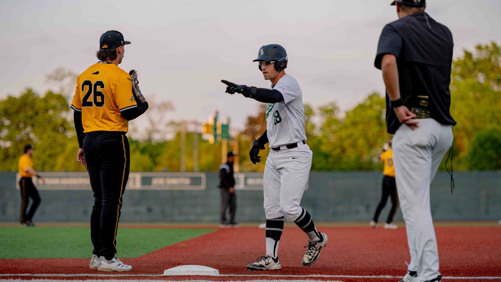 Wright State University's Boston Smith points back at the dugout during their game against Northern Kentucky University on Friday, May 23 at Nischwitz Stadium in Fairborn. WRIGHT STATE ATHLETICS / CONTRIBUTED
