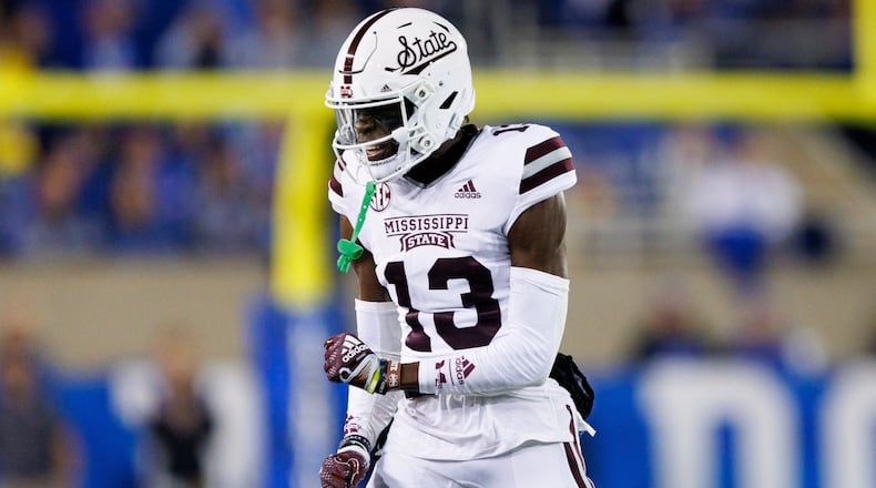 Mississippi State cornerback Emmanuel Forbes celebrates after a fumble by Kentucky during the first half of an NCAA college football game in Lexington, Ky., Saturday, Oct. 15, 2022. (AP Photo/Michael Clubb)