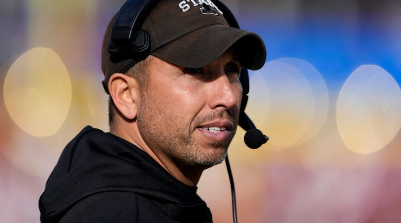 FILE - Former Iowa State head coach Matt Campbell, now head coach at Penn State, looks toward the scoreboard during the second half of an NCAA college football game against Kansas, Nov. 22, 2025, in Ames, Iowa. (AP Photo/Matthew Putney, File)