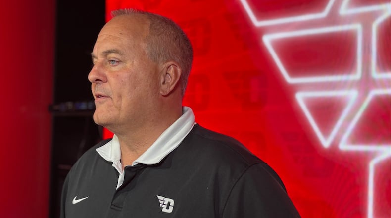 Dayton's Dennis Currier talks to reporters on Wednesday, Sept. 3, 2025, at UD's Cronin Center. David Jablonski/Staff