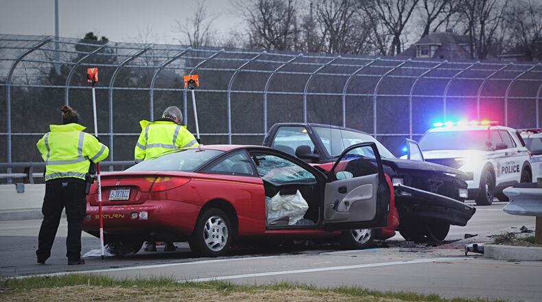 Two people were injured in a two-vehicle crash on South Smithville Road near U.S. 35 Friday, Jan. 8, 2021. STAFF/MARSHALL GORBY