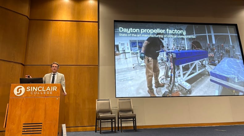 Eric Allison, Joby Aviation chief product officer, discussed his company's work in Dayton and beyond Friday Jan. 23, 2026 at Sinclair Community College. THOMAS GNAU/STAF