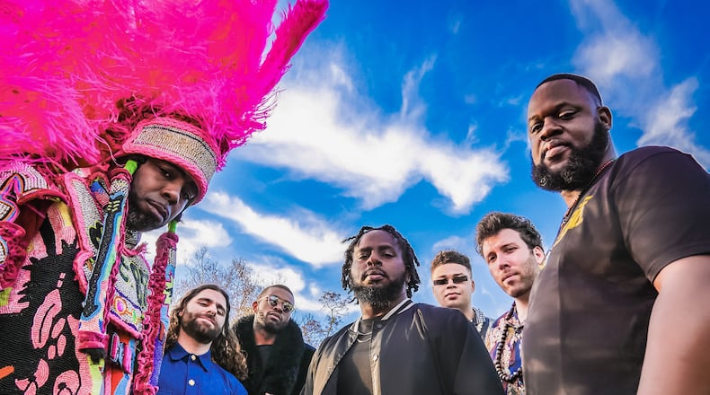 New Orleans-based The Rumble, (left to right) Chief Joseph Boudreaux Jr., Andriu Yanovski, Trenton O’Neal, T.J. Norris, Aurelien Barnes, Ari Teitel and Jose Maize Jr., performs at Levitt Pavilion in Dayton on Friday, Aug. 4.