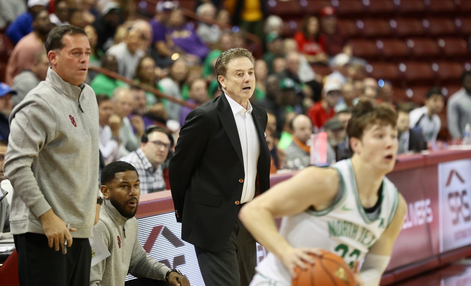 Rick Pitino, of St. John's, coaches during a game against North Texas in the first round of the Charleston Classic on Thursday, Nov. 16, 2023, at TD Arena in Charleston, S.C. David Jablonski/Staff