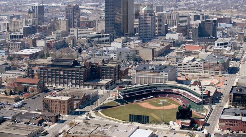 An aerial shot of downtown Dayton and Fifth Third Field looking west from 2005. TY GREENLEES/STAFF