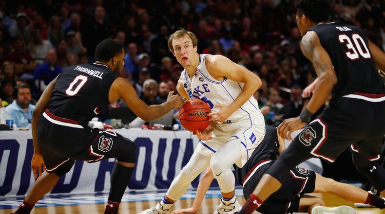 GREENVILLE, SC - MARCH 19: Luke Kennard #5 of the Duke Blue Devils handles the ball in the second half against the South Carolina Gamecocks during the second round of the 2017 NCAA Men’s Basketball Tournament at Bon Secours Wellness Arena on March 19, 2017 in Greenville, South Carolina. (Photo by Gregory Shamus/Getty Images)