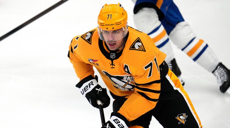 Pittsburgh Penguins' Evgeni Malkin (71) skates during the first period of an NHL hockey game against the Buffalo Sabres in Pittsburgh, Thursday, March 5, 2026. (AP Photo/Gene J. Puskar)