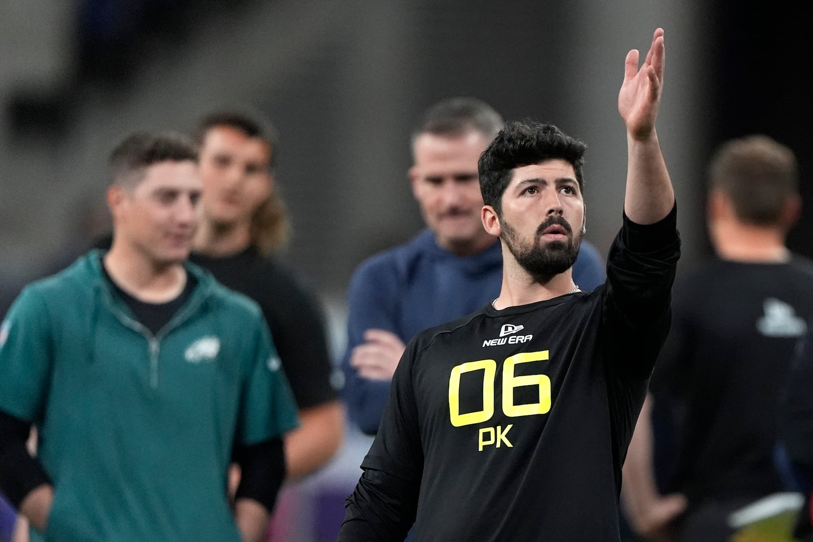 Pittsburgh kicker Ben Sauls participates in a drill at the NFL football scouting combine, Wednesday, Feb. 26, 2025, , in Indianapolis. (AP Photo/Charlie Riedel)