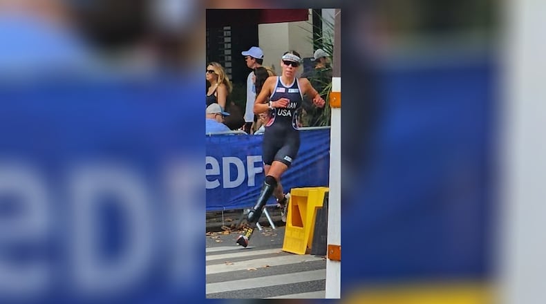Grace Norman competes in the para triathlon Monday at the Paralympics in Paris. Norman won gold in the women's PTS5 race. CONTRIBUTED