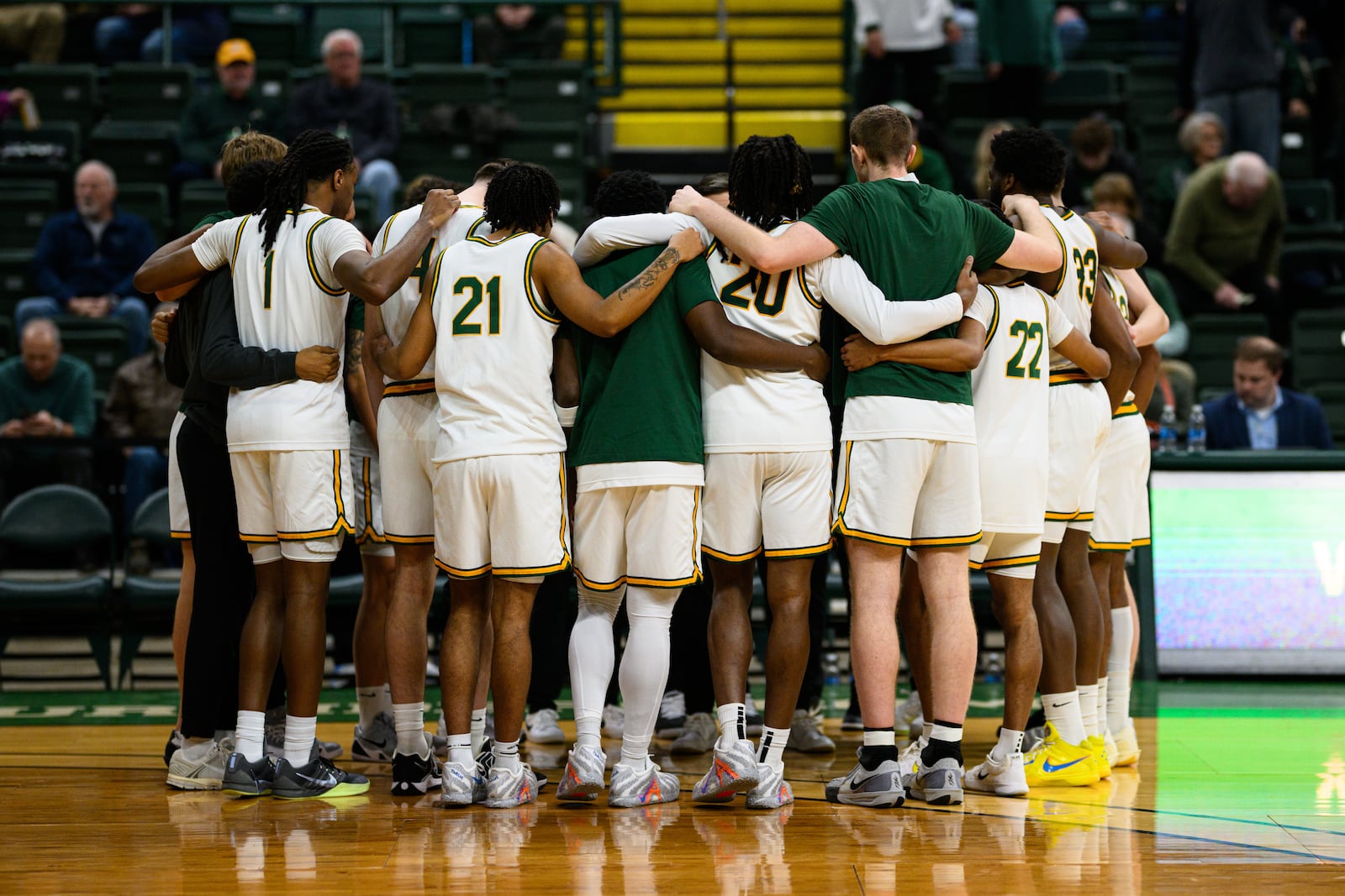 The Wright State University men's basketball team huddles up during the game against Robert Morris University on Sunday, Feb. 22, 2026. JEREMY MILLER / CONTRIBUTED PHOTO
