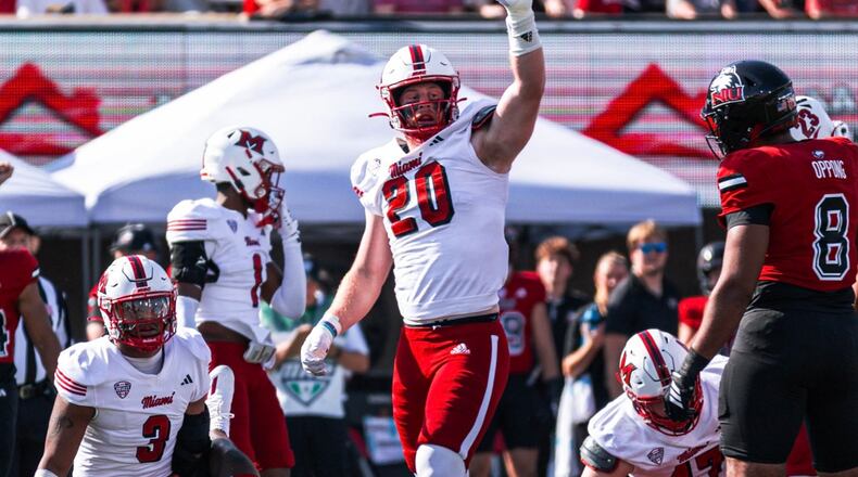 Miami's Adam Trick celebrates a tackle against Northern Illinois on Saturday in DeKalb, Ill. The RedHawks opened Mid-American Conference play with a 25-14 victory. MIAMI ATHLETICS PHOTO