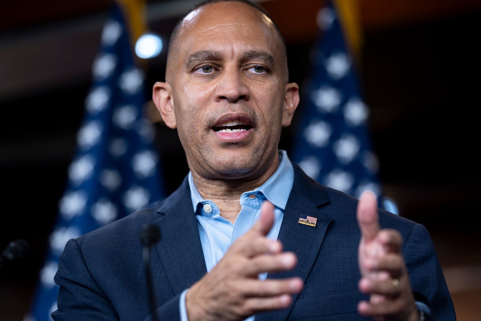 House Minority Leader Hakeem Jeffries, D-N.Y., speaks about President Donald Trump's policies and the GOP's tax and spending cut bill that passed this month, during a news conference at the Capitol in Washington, Monday, July 14, 2025. (AP Photo/J. Scott Applewhite)