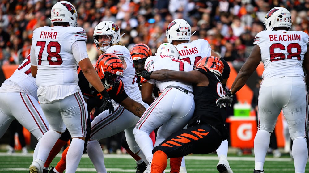 Cincinnati Bengals defensive end Shemar Stewart sacks Arizona Cardinals quarterback Jacoby Brissett in the third quarter of their game on Sunday, Dec. 28 at Paycor Stadium. JEREMY MILLER / CONTRIBUTED PHOTO