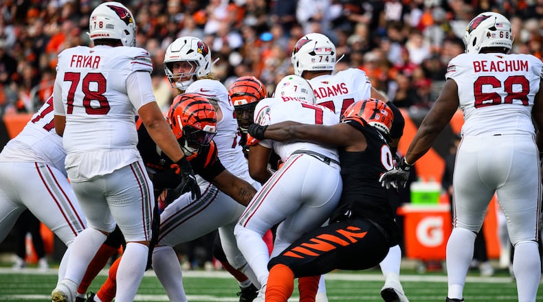 Cincinnati Bengals defensive end Shemar Stewart sacks Arizona Cardinals quarterback Jacoby Brissett in the third quarter of their game on Sunday, Dec. 28 at Paycor Stadium. JEREMY MILLER / CONTRIBUTED PHOTO