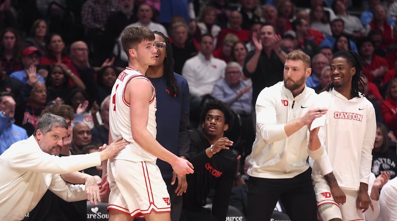 Dayton's Jordan Derkack reacts after being fouled on a 3-point attempt in the second half against George Washington on Tuesday, Jan. 6, 2026, at UD Arena. David Jablonski/Staff