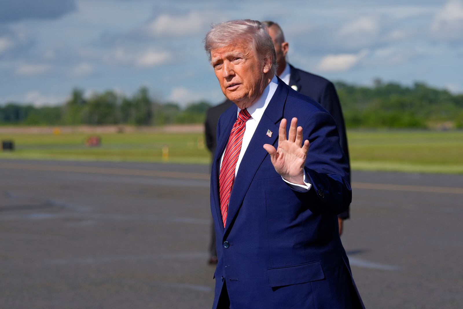 President Donald Trump arrives on Air Force One at Morristown Municipal Airport in Morristown, N.J., Friday, May 23, 2025. (AP Photo/Manuel Balce Ceneta)