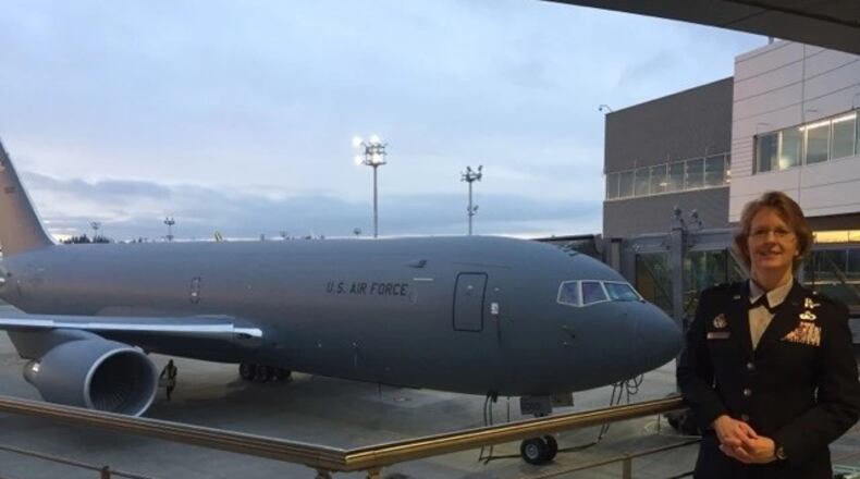 This 2021 photo shows then-Air Force Maj. Gen. Donna Shipton at the acceptance ceremony for the KC-46. (Air Force photo)