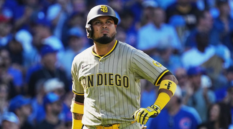 FILE - San Diego Padres' Luis Arraez reacts after striking out during the third inning of Game 1 of a National League wild card baseball game against the Chicago Cubs, Sept. 30, 2025, in Chicago. (AP Photo/Nam Huh, File)