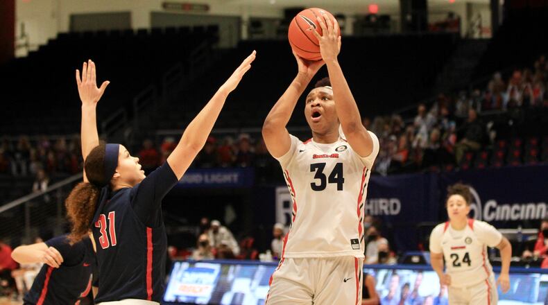 Dayton's Tenin Magassa shoots against Duquesne on Sunday, Jan. 3, 2020, at UD Arena. David Jablonski/Staff