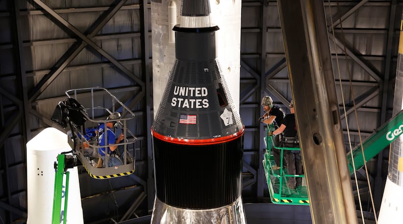 Restoration specialists at the National Museum of the U.S. Air Force installed an LV-3B/SM-65D Atlas rocket inside the museum's Missile Gallery on April 29 after a three-year restoration. (U.S. Air Force photo by Ty Greenlees)