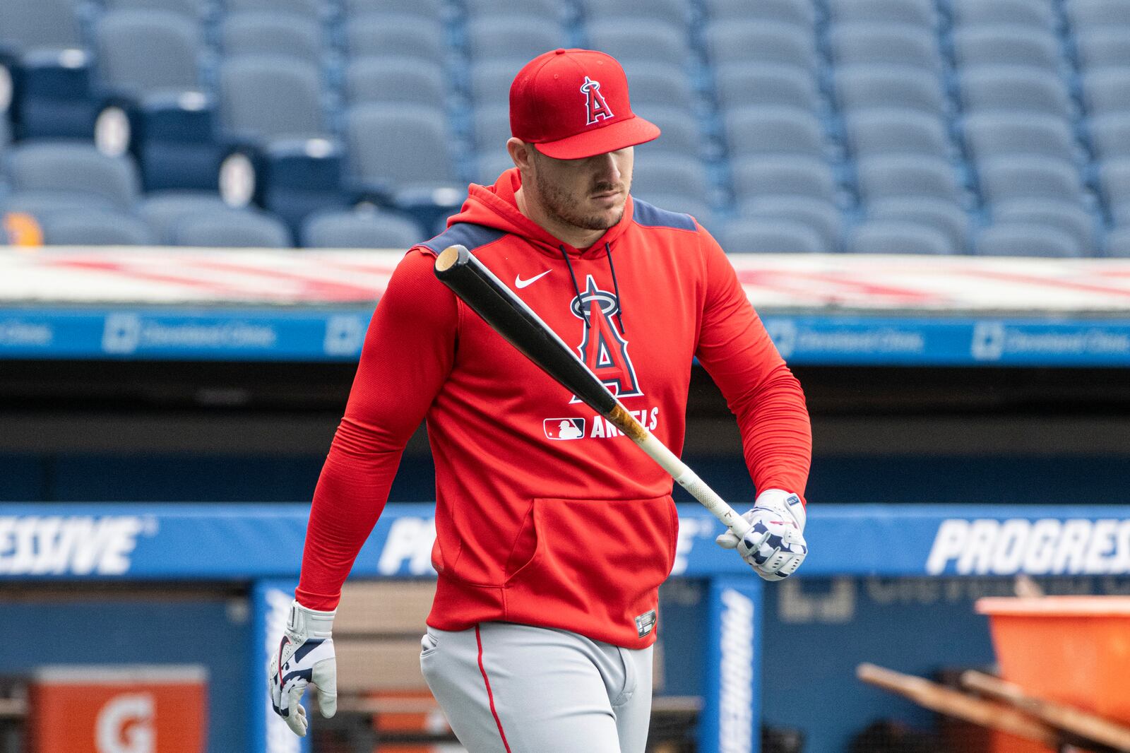 Los Angeles Angels' Mike Trout walks from the batting cage before a baseball game against the Cleveland Guardians, Friday, May 30, 2025, in Cleveland. (AP Photo/Phil Long)