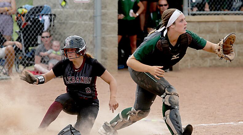 Lebanon’s Chloe Allen scores a run as Mason catcher Brooke Rice waits for the throw during their Division I regional final at Kings last Sunday. CONTRIBUTED PHOTO BY E.L. HUBBARD