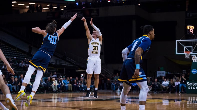 Wright State’s Cole Gentry puts up a 3-pointer against Southern at the Nutter Center on Dec. 12, 2019. Joseph Craven/WSU Athletics