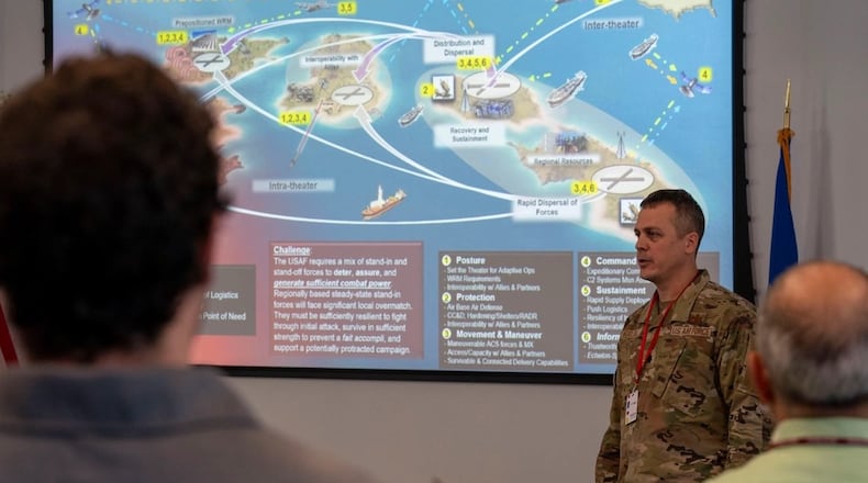Lt. Col. Jarrett Weiblen, assigned to Headquarters Air Force futures and concepts division, briefs members of the Rapid Sustainment Office at the RSO building in Beavercreek, Aug. 29, 2023.  (U.S. Air Force photo by Staff Sgt. Mikaley Kline)