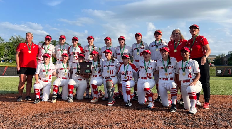Fairfield's softball team poses after topping Centerville 1-0 in the Division I regional championship game at Indian Hill High School. Chris Vogt/CONTRIBUTED