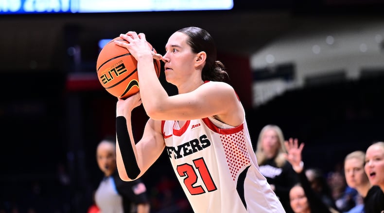 Dayton's Nicole Stephens shoots the ball during their game against Duquesne on Wednesday, Jan. 14, 2026 at UD Arena. ERIK SCHELKUN / CONTRIBUTED PHOTO